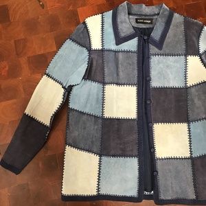 Vintage 1970s Blue Suede Windowpane Jacket L LARGE